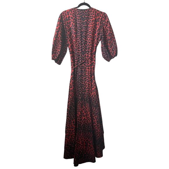 Ganni The Bijou Red Leopard Puff Sleeve Wrap Maxi Dress Size 42 EU - Picture 3 of 15